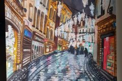 ''Brussels Christmas Lights'' - I love to take pictures, so this one was taken in 2019, it was severally raining earlier which created a beautiful wet surface filled with reflections from the Lights. It was between Christmas and a New Year, these lights were reflecting so amazingly nice that I couldn't walk away without taking a pic.  I decided to paint this and chose the most challenging tools for me.  Just by last days of 2021 it was finished, literally this piece was finished 31 Dec 2021.Originally planned to make it fully gouache, but it would have not been a challenge as I am very used to gouache, so people suggested to use brush pens and that was a real challenge took many takes and hours to complete this. White gouache  + brush pens. Size 30 cm x 40 cm, thick 300g watercolor paper. PRICE: 250 euro + shipping