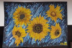 ''SUNFLOWERS'', standard A3 size. Black very solid 360 g watercolor paper. blue lines on the background are made with neon and metallic watercolours so it looks really 3D at the background, unfortunately photo cannot show that. Flowers painted gouache + watercolor. Above my signature added the Ukrainian flag. A revenue 100% will go to the Ukrainian people + animals. Price 150 euro + shipping