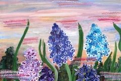 ''Grape Hyacinth'. After the Poppy Flowers painting was successfully and quickly sold, I decided to create a series of paintings using the same idea and style, but using different flowers and sky. Format is close to A3, 30 cm x 40 cm. Used watercolor, gouache and pastel watercolor paper of 300 g. Artwork is not framed. This is the final piece out of 5. PRICE 280 euro + shipping